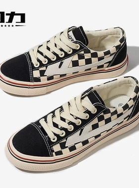 Warrior/回力黑色黑白格男女通用帆布鞋运动鞋低帮系带纯色好看