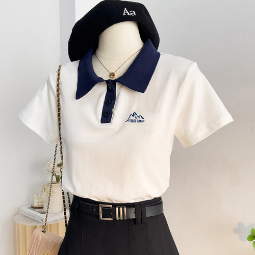 2026夏季新款少女风白色POLO衫短袖修身显瘦小清新印花T恤女