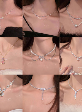 法式复古玫瑰花吊坠珍珠项链女轻奢小众设计感高级锁骨链毛衣链潮