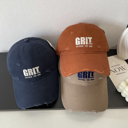 GRIT韩版字母刺绣软顶棒球帽男女春季时尚破洞设计休闲潮流鸭舌帽