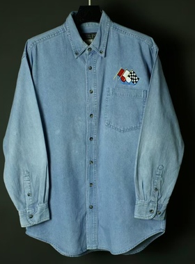 仰泳商店 RIVERS END 赛车旗帜刺绣复古牛仔布衬衫vintage古着