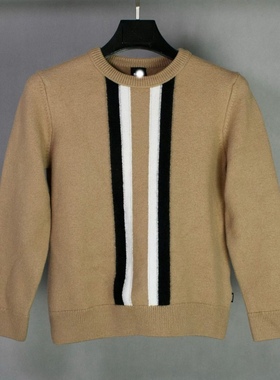 仰泳商店 H B卡其色条纹女款休闲纯羊毛圆领针织毛衣vintage古着