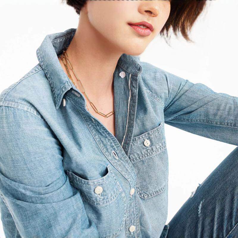 外贸美系M家女春秋简约长袖休闲牛仔衬衫衬衣上衣、牛仔蓝色