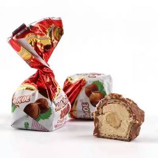 俄罗斯进口奶罐糖威化斯拉夫巧克力奶油整颗榛子夹心糖果网红零食