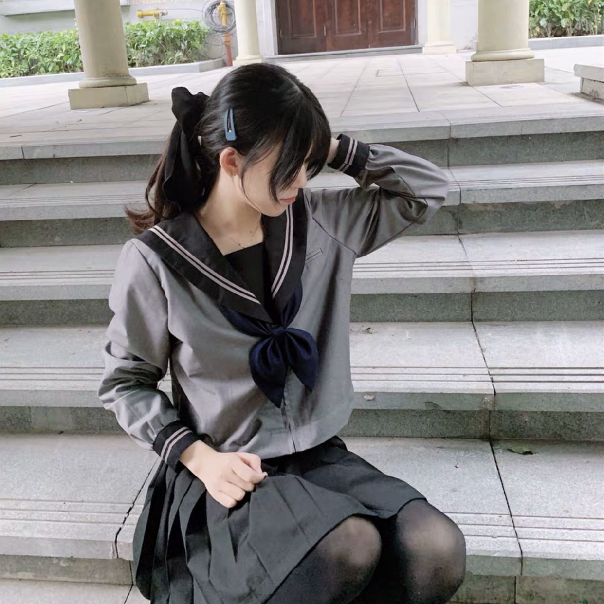 ORTHODOX BLACK COLLAR GRAY BODY TWO MAIN LINE JAPAN JK UNIFORM LONG SLEEVES MID WEAR KANSAI PLACKET SAILOR SUIT PLEATED SKIRT SET