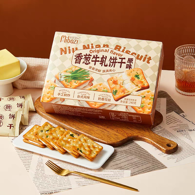 米芭滋香葱牛轧饼干240g原味手工奶香拉丝牛轧糖夹心饼干休闲零食