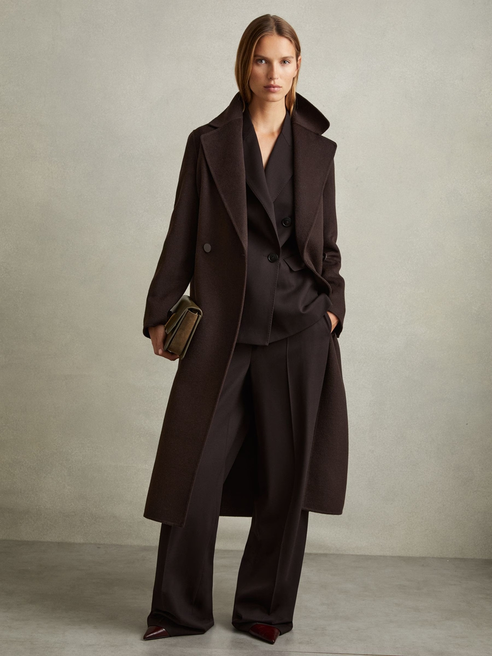 thumbnail for Reiss Women&#039s Mid-Length Woolen Coat with Belt, Suit Collar, Single Button, Black, Chocolate, Camel