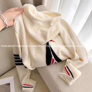 THOM BRASSY 羊毛开衫tb帆船提花拉链帽衫宽松休闲针织衫外套女潮