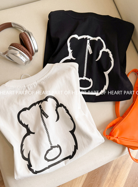 W家2026新款重磅趣味拉链小熊短袖T恤男女同款半袖上衣高克重圆领