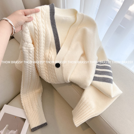 THOM BRASSY 羊毛针织衫女双拼撞色大开衫春秋宽松上衣长袖外套潮