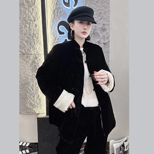 欧洲站2026秋冬新款中式国潮民族风真丝丝绒唐装棉衣棉服外套女