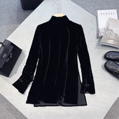 欧洲站2025新款 开叉T恤上衣 时尚 气质高端桑蚕丝真丝绒半高领长袖