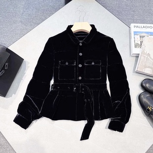 欧洲站2025秋冬新款时尚气质修身桑蚕丝真丝绒收腰薄棉衣棉服外套