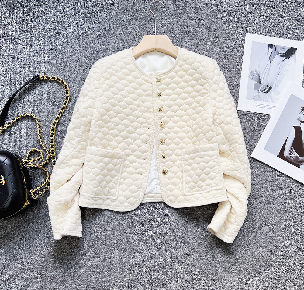 欧洲站2025款时尚简洁小香风圆领丝绒夹棉加厚棉衣棉服外套女