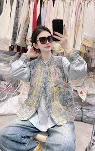 欧洲站2026春新款中式重工刺绣牛仔马甲搭配真丝衬衫上衣女