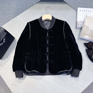 欧洲站2025春新款休闲棒球领真丝丝绒中式盘扣棉衣棉服外套女