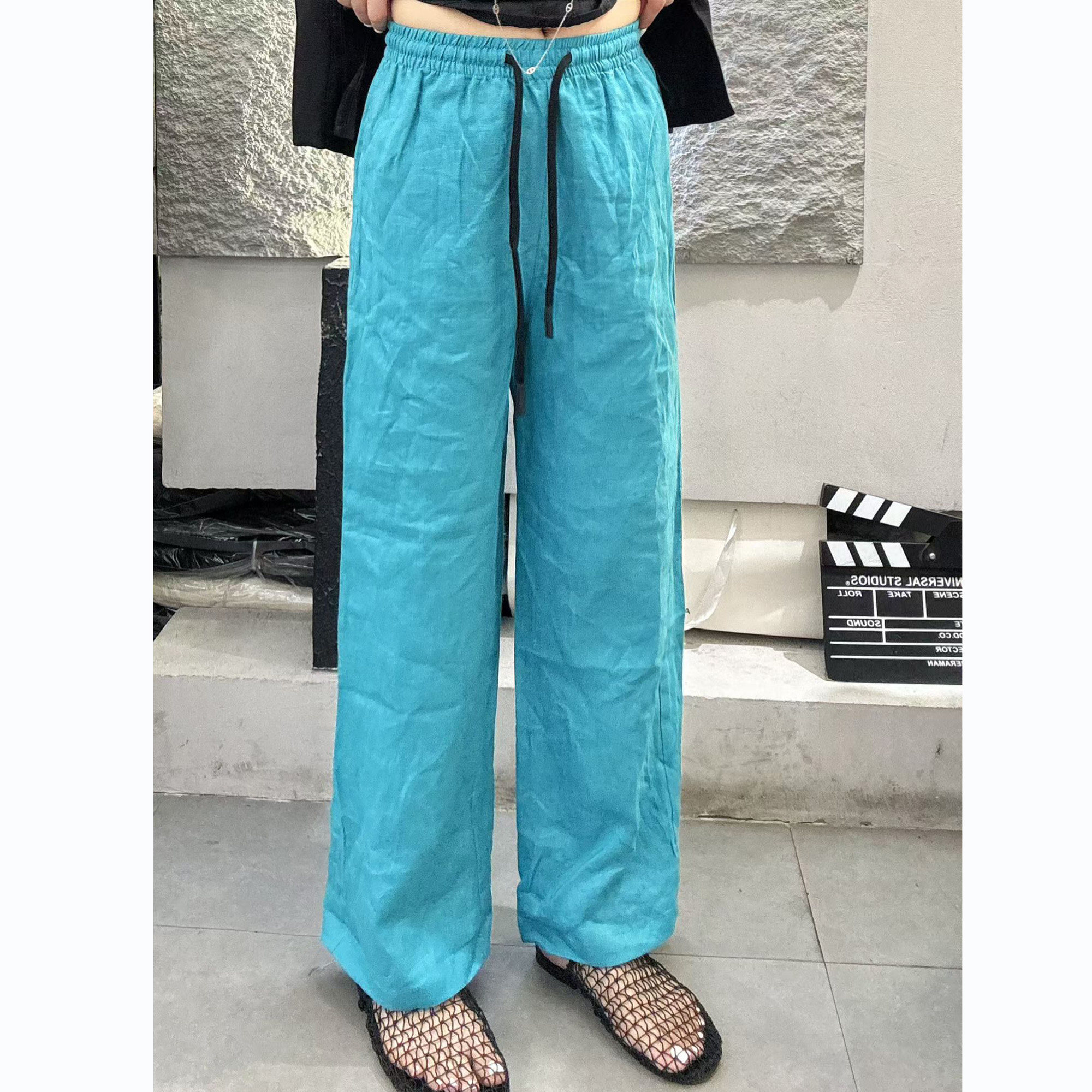 欧洲站2026夏季新款休闲糖果色弹力腰亚麻直筒裤女
