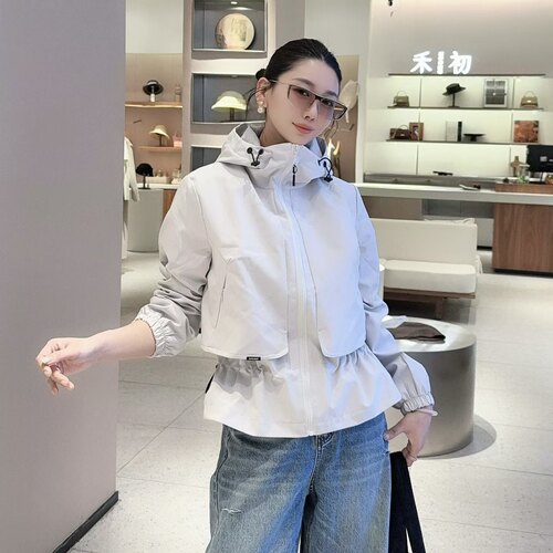 欧洲站2026春新款休闲连帽假两件收腰修身风衣外套女