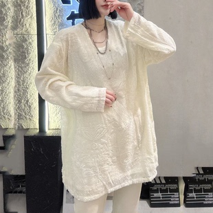 欧洲站2025春新款休闲宽松中长款真丝烧花植绒大T恤衫衬衫上衣女