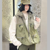 欧洲站2026春新款 休闲宽松连帽大兜户外马甲上衣女