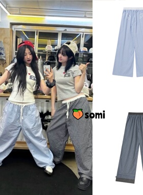 somi家直邮~韩国aeae翅膀格子条纹裤新款格休闲裤显瘦高腰裤女6