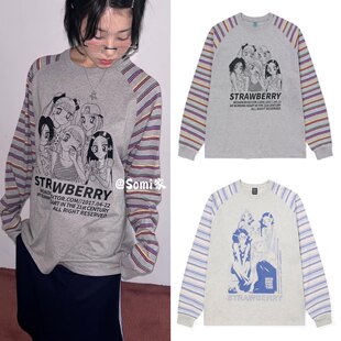 somi家 韩国直邮wondervisitor可爱少女卡通假两件条纹长袖衬衫