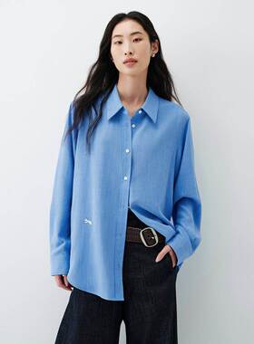 商场同款2026春装新款女装简约蓝色多瑙河亚麻长袖衬衫A1CAG2140