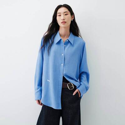 商场同款2026春装新款女装简约蓝色多瑙河亚麻长袖衬衫A1CAG2140