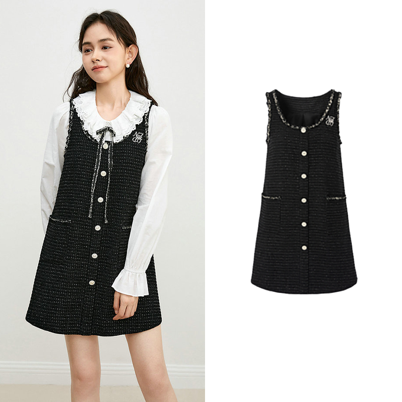 2024秋新款小众小香风背心裙撞色无袖裙A字裙衬衣衬衫女CWFAD3341