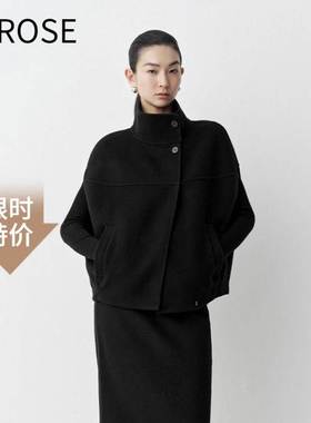 艾诺丝2025秋季宽松无袖黑色高领毛呢外套马甲女显瘦AR154003