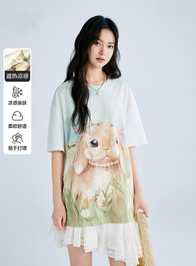 【商场同款】2025油画满印草原小兔宽松短袖oversizeT恤C1CNF2204