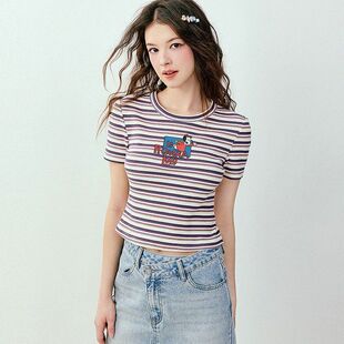 【Little Lulu联名】显瘦2024夏季新款条纹小版T恤短袖C2CNE2132