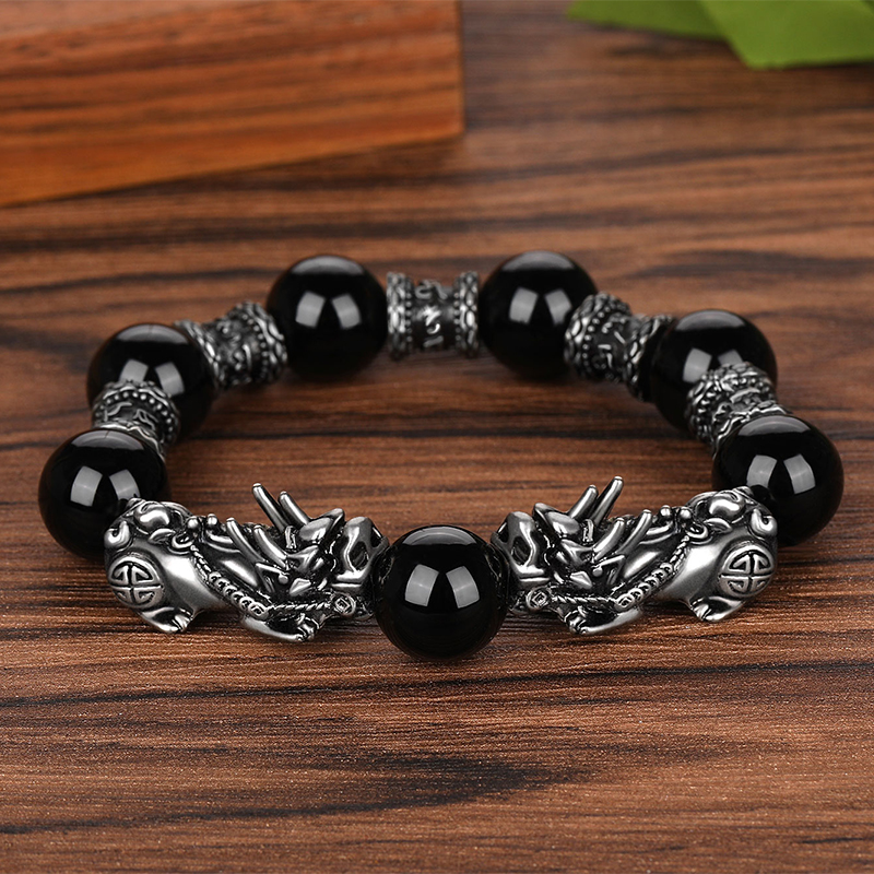 天然黑曜石14MM大珠子手链