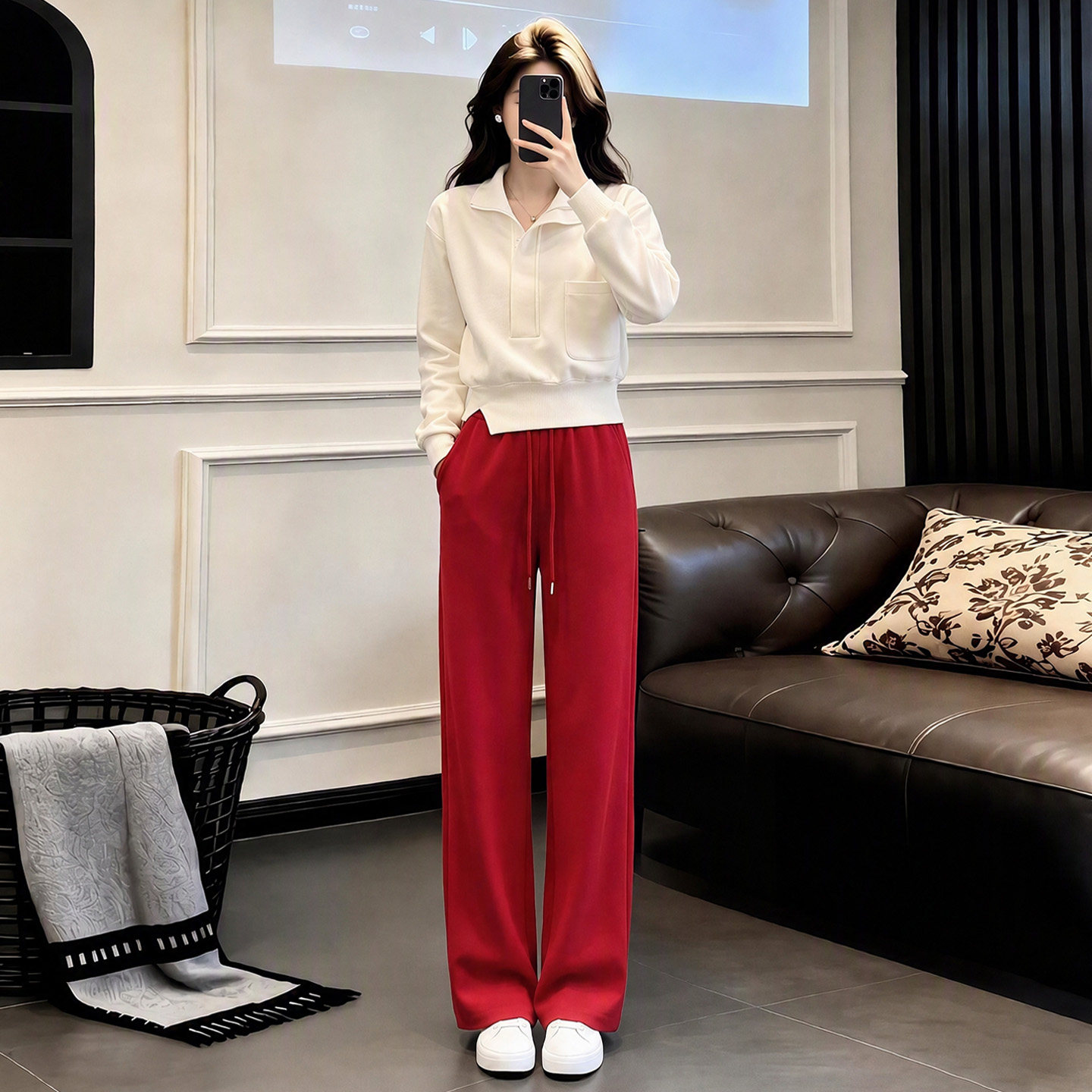 本命年红色高腰阔腿裤女套装春秋休闲运动套装