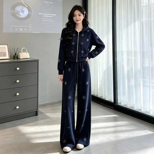 深蓝雪花烫钻运动裤套装女高级感拉链开衫宽松休闲裤2026秋两件套