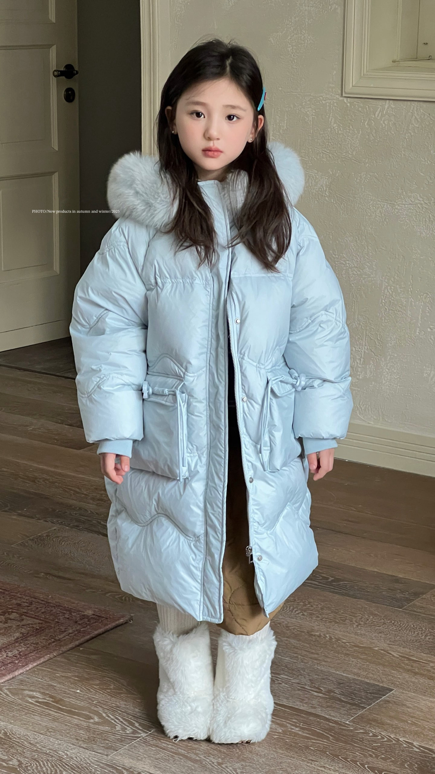 25冬季新款儿童中长款狐狸大毛领水蓝色加厚羽绒服时尚款女童外套