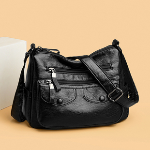 真皮女包软皮宽肩带斜背包包女大容量多口袋斜挎包时尚百搭通勤包
