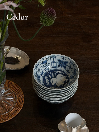 “亏米出！售完无补”景德镇手绘薄胎仿古青花壶承米饭碗12*4cm