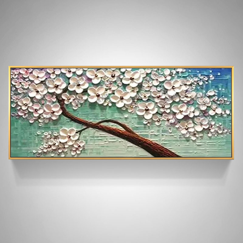 手绘油画客厅装饰画沙发背景墙挂画横幅发财树壁画餐厅卧室床头画图片