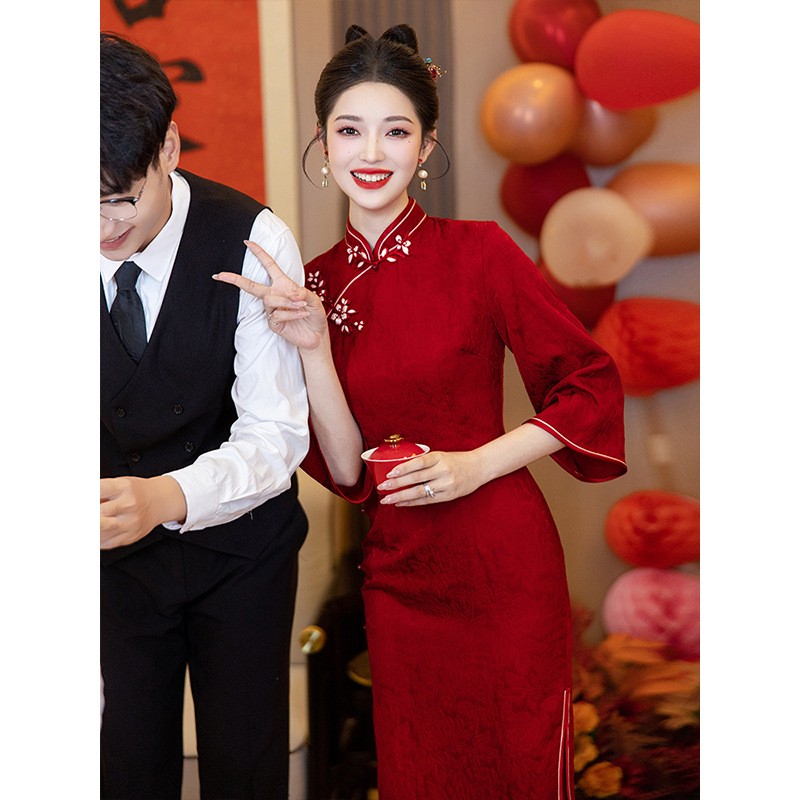 倒大袖旗袍敬酒服新娘红色中式订婚礼服裙结婚当天便装秋冬季长袖