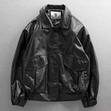 加绒加厚痞帅机车服飞行员皮夹克PU皮外套 港风潮流宽松皮衣男冬季