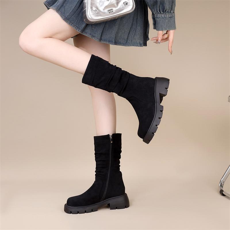 褶皱堆堆靴中筒绒面瘦瘦靴