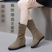 秋冬新款 平底内增高磨砂真皮复古中筒靴短筒褶皱堆堆靴西部靴大码