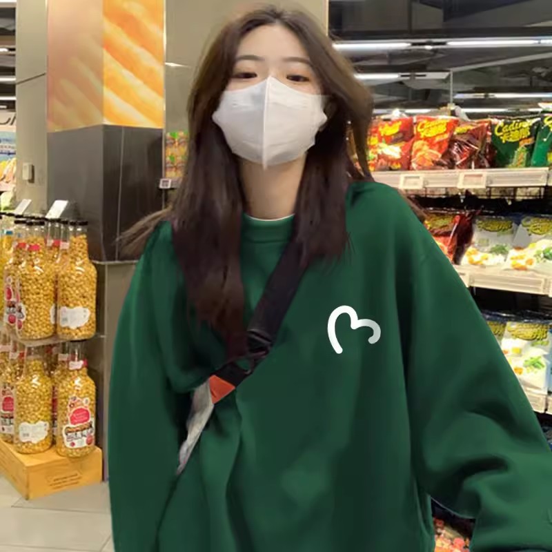 墨绿色套头卫衣女款2024新款时尚秋季设计感韩系慵懒圆领长袖