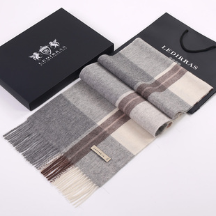 100%山羊绒男士围巾冬保暖百搭英伦格子高档礼盒装送男友生日礼物