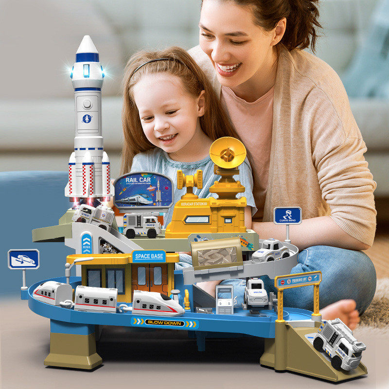 儿童电动轨道大冒险闯关滑行小火车益智拼装太空恐龙轨道车停车场
