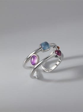 青十斤原创设计-行星线-s925纯银开口可调节戒指撞色宝石文艺复古