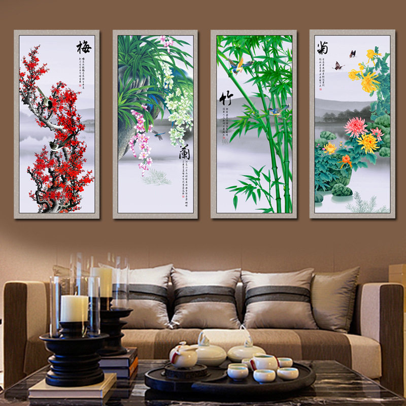 新款大幅竖版梅兰竹菊钻石画满钻客厅中堂画全点贴钻十字绣四联画