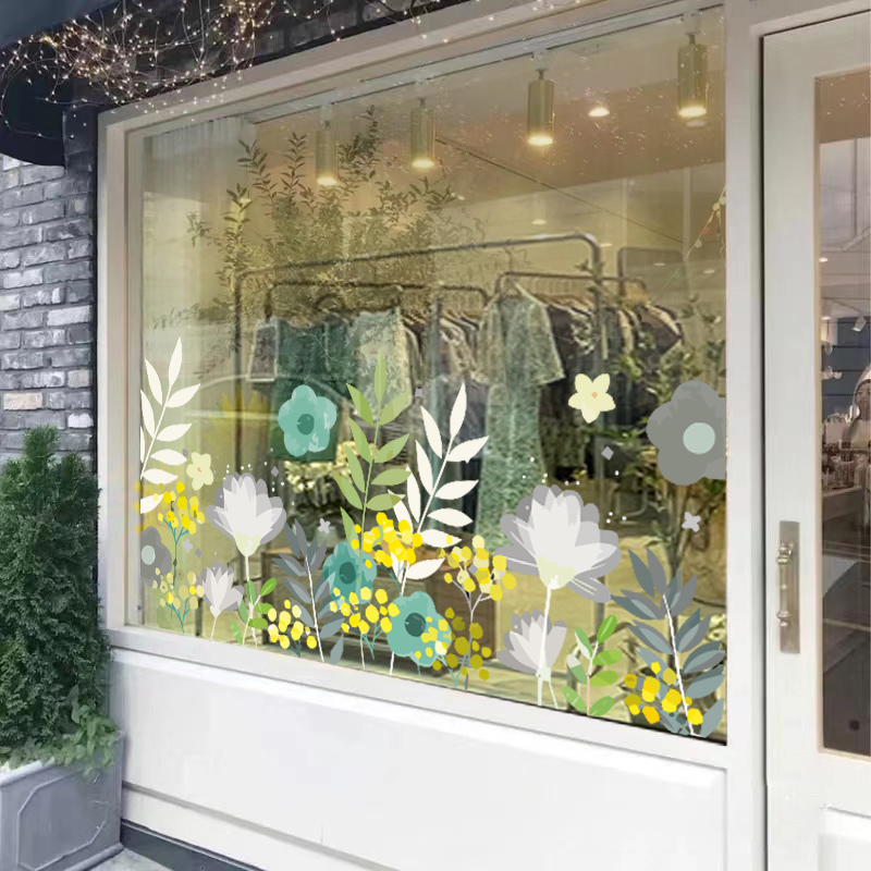 ins风清新小花贴纸花店服装餐厅奶茶店铺玻璃橱窗卡通插画装饰贴图片