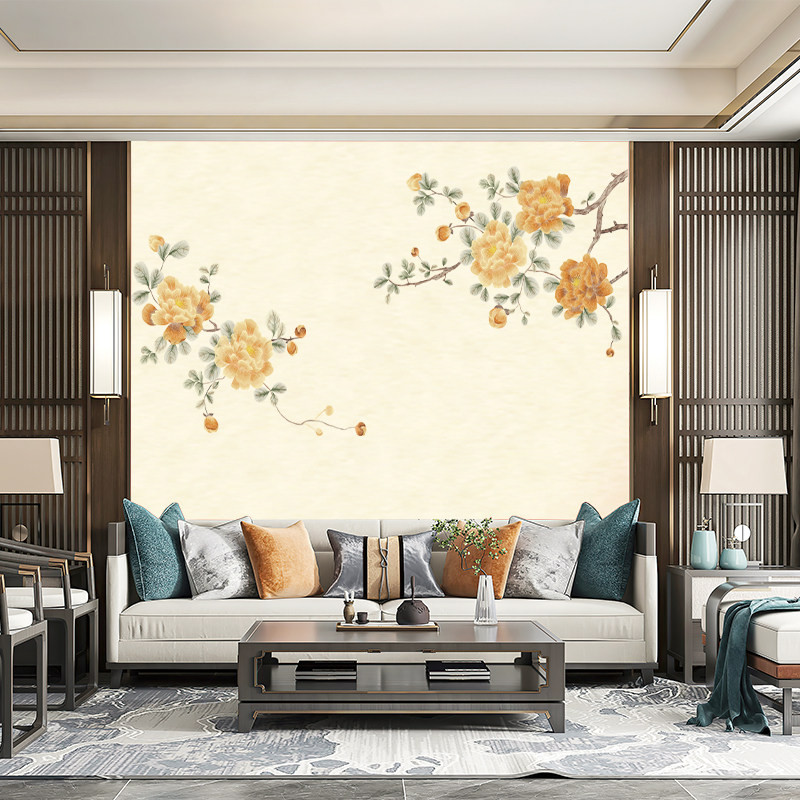 独绣独秀刺绣无缝壁布国色天香客厅电视沙发背景墙布新中式大花